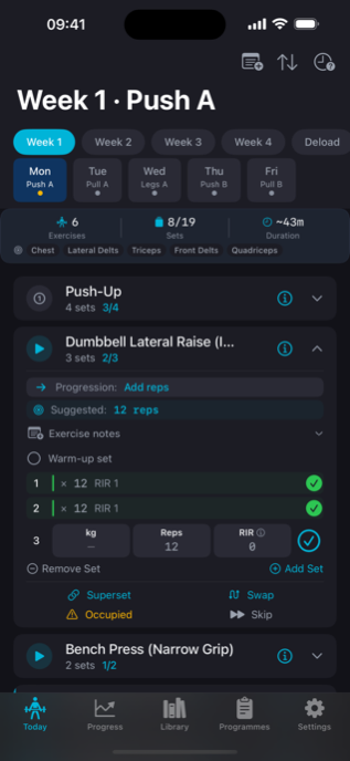 Myotect Today screen showing a programmed Push workout with logged sets